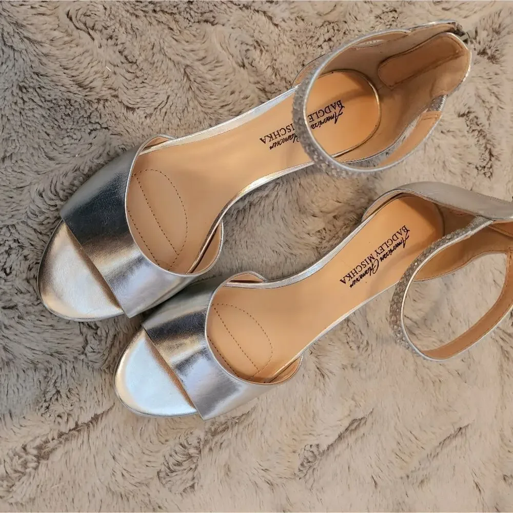 BADGLEY MISCHKA SILVER ANKLE STRAP GEMSTONE HEEL SIZE 8
